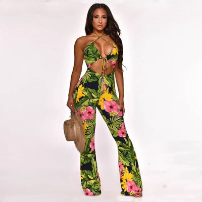 Printed One Piece Deep V Jumpsuits Bandage Flare Backless Jumpsuit