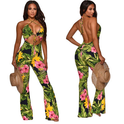 Printed One Piece Deep V Jumpsuits Bandage Flare Backless Jumpsuit