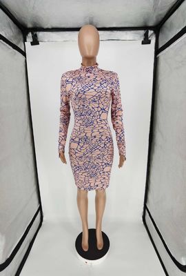 Sexy Tight Buttock With Long Sleeves High Collar Printed Super Short Dress