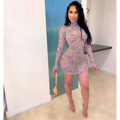 Sexy Tight Buttock With Long Sleeves High Collar Printed Super Short Dress