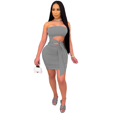 Clothes Fashionable Pure Color Lace Strapless Skirt Set 2 Pieces