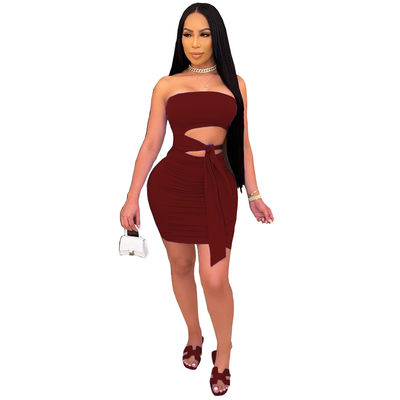 Clothes Fashionable Pure Color Lace Strapless Skirt Set 2 Pieces