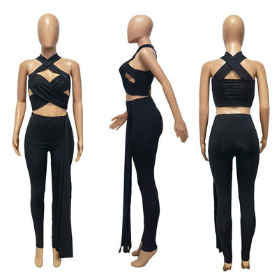 Belted And Crossed With Hollowed-Out Neck Lanyard Pant Suit Ladies