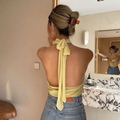 Temperament Hanging Neck Dewback Chiffon Pure Color Blouse Woman