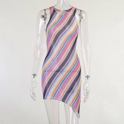 Colorful Stripe Irregular Strapless Summer Dress 70% Cotton 30% Polyester
