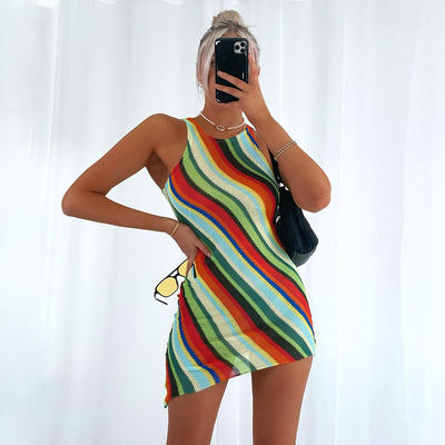 Slim Sleeveless Round Collar Color Stripe Dress Women