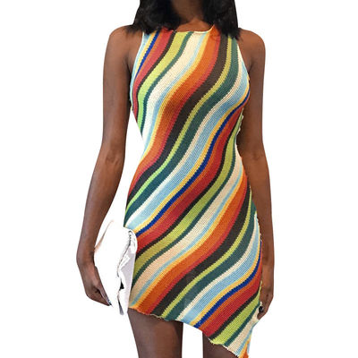 Colorful Stripe Irregular Strapless Summer Dress 70% Cotton 30% Polyester
