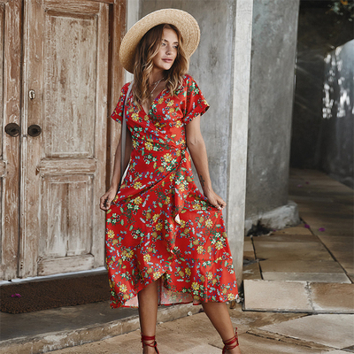Printed Ladies Maxi Dress Polyester S Xl Short Sleeve Party Casual V Neck