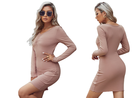 Spandex Hip Wrap Dress Rayon Commute Knit Long Sleeve Pleated