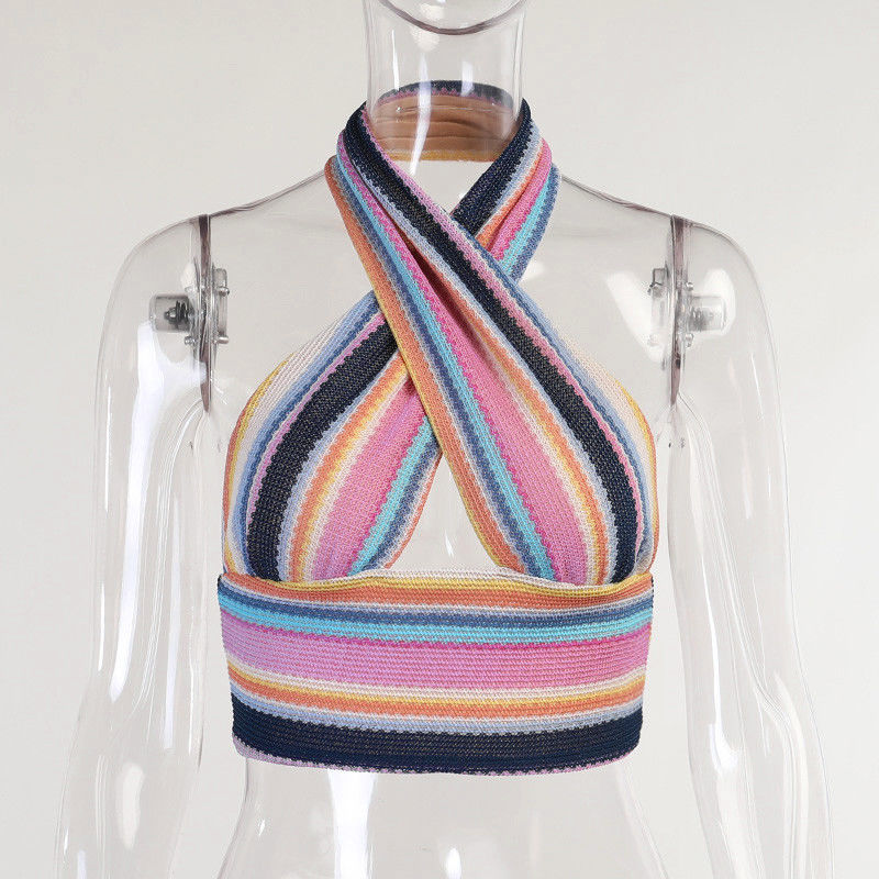 Colored Neck Sleeveless Sexy Slim Knit Cross Blouse Women
