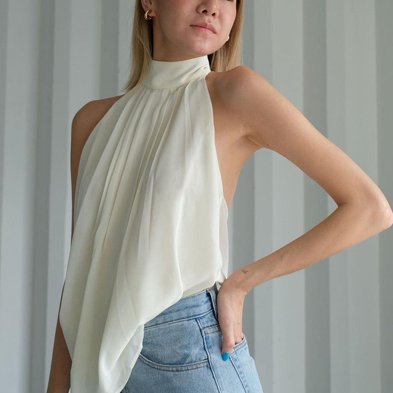 Temperament Hanging Neck Dewback Chiffon Pure Color Blouse Woman