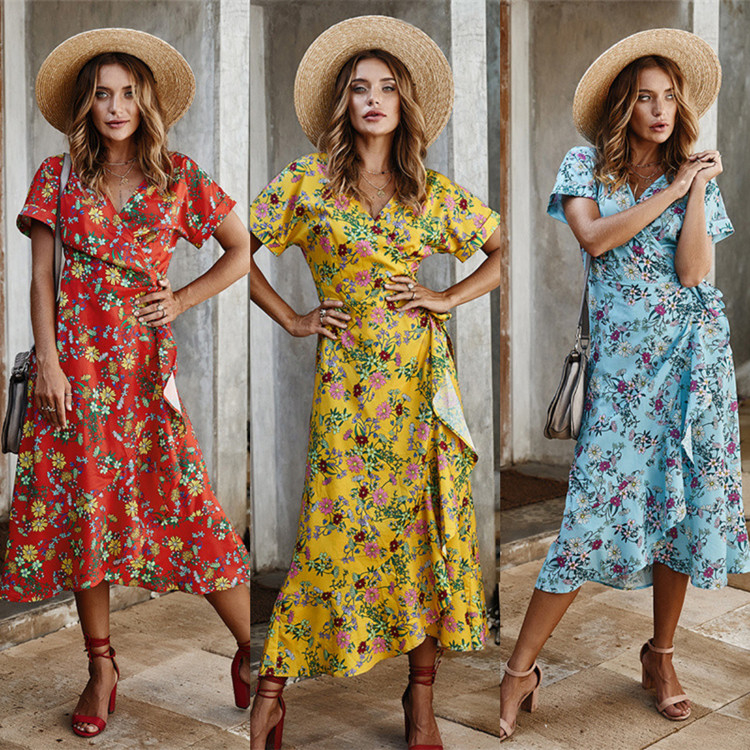 Printed Ladies Maxi Dress Polyester S Xl Short Sleeve Party Casual V Neck